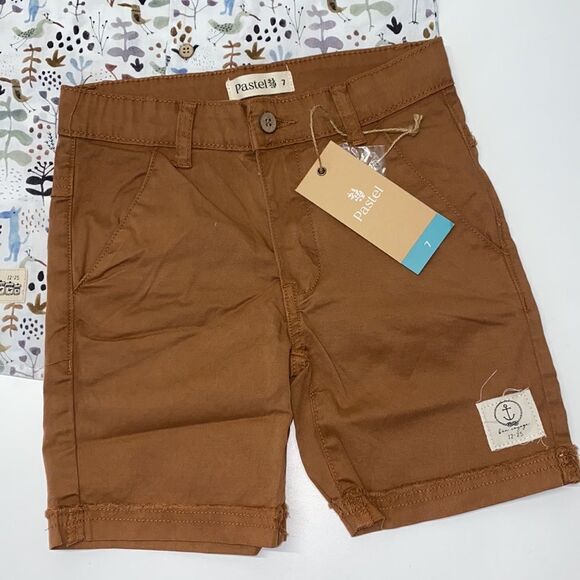 pastel 2 pc set short pant with raw edge cuff/collared CA shirt sz  7 kids New - Picture 2 of 14